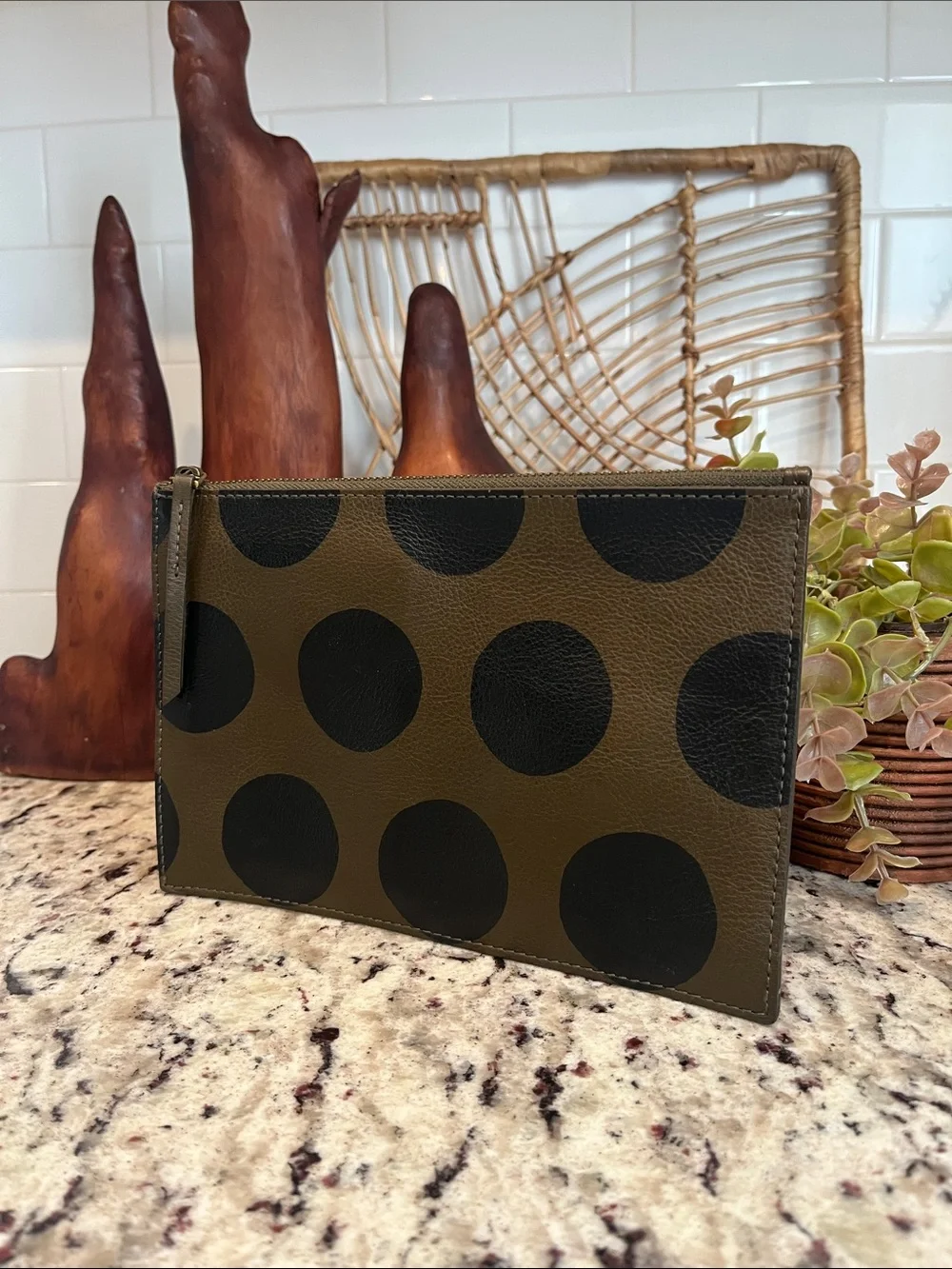 Madewell Polka Dot Olive Green Leather Clutch